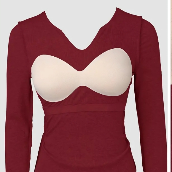 ChicMe Red Ribbed Fitted Top with Long Sleeves Built-bra Women's XL - Picture 15 of 16